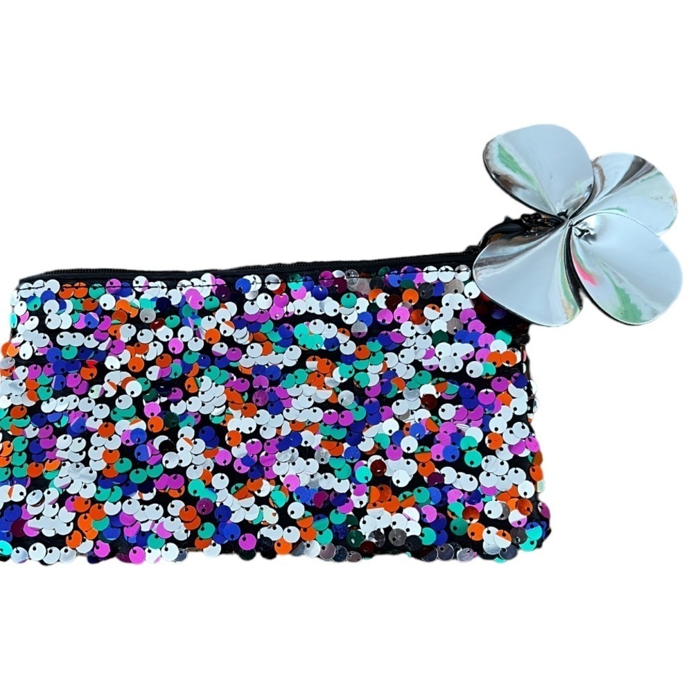 Sequined makeup bag with floral accent
